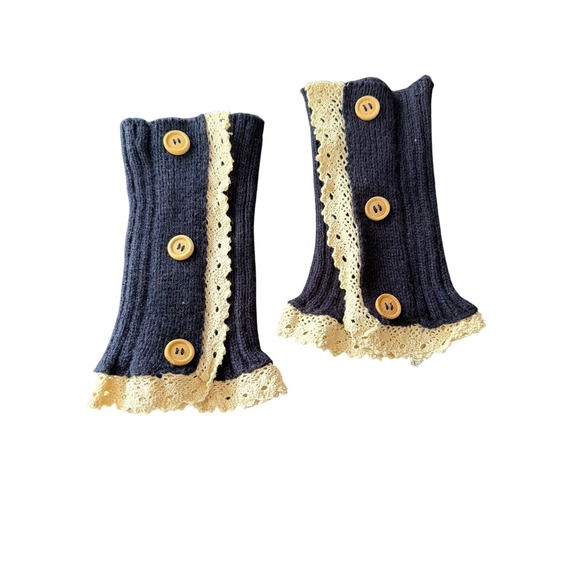 Unbranded Accessories - Navy Blue Knit‎ Wrist Warmers Lace Trim Wooden Button Arm Cuffs One Size